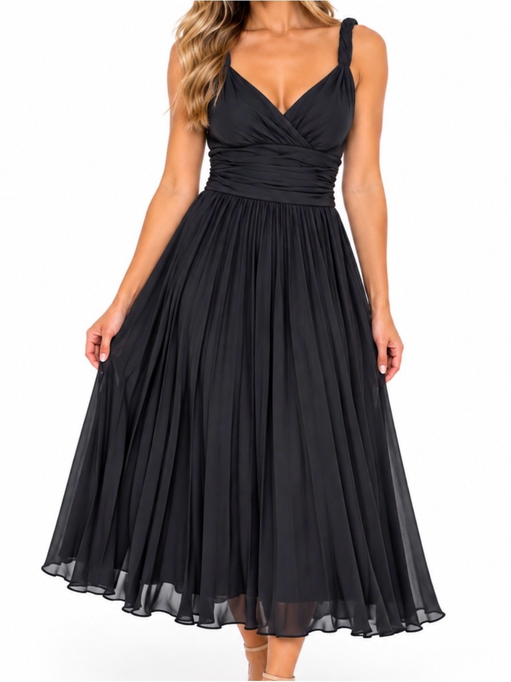 BCBG Maxazria Elegant Black Pleated Evening Dress - Spaghetti Strap side zip XS